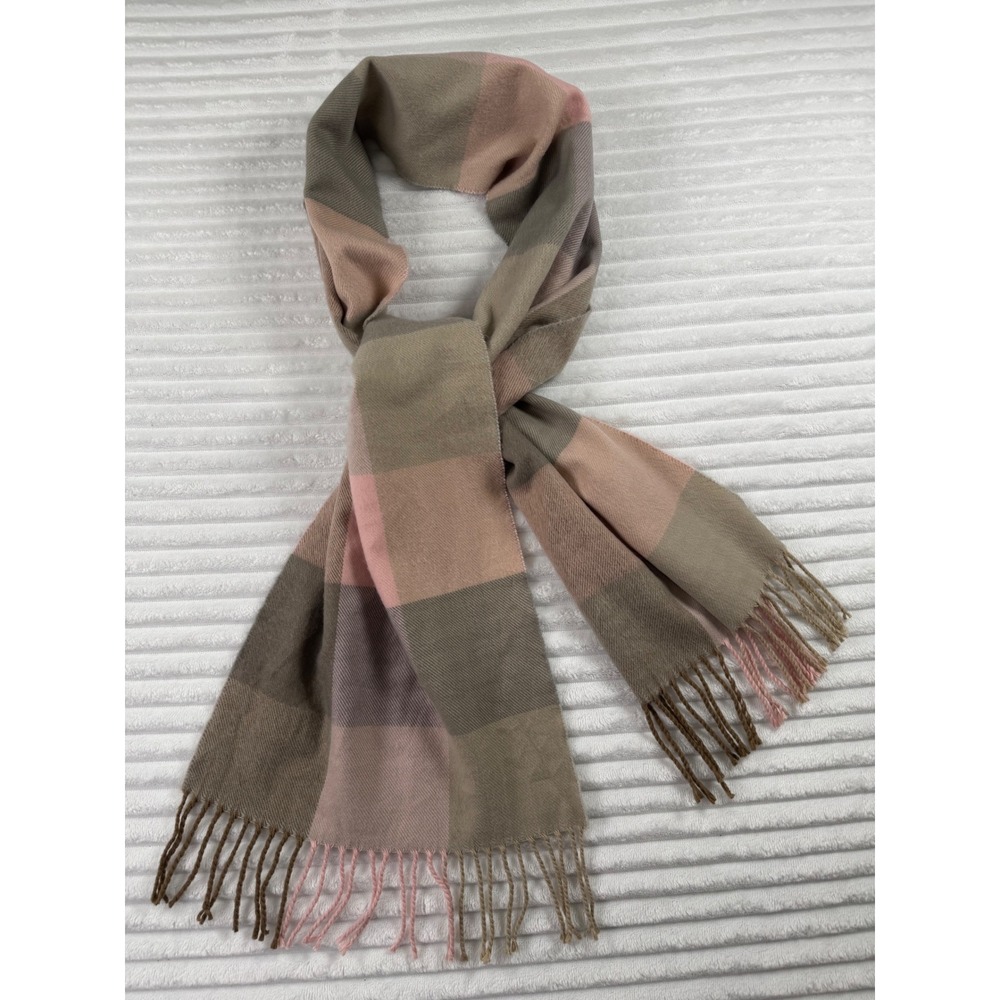 100% Cashmere Scarf Made in England Pink Taupe Brown Plaid Check Fringe Wrap